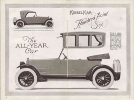 Priced at $1888, the sales copy states that "Through its exclusive features, the Sedanlét is literally three cars in one — in cold weather it is entirely closed; in moderate weather the windows my be lowered or raised; in summer the ALL-YEAR Top is easily removed, giving a wide-open car with the new Kissel Semi-Victoria Style Summer Top." (These centerfold pages are from a 1918 Kissel sales brochure. Note the string binding).